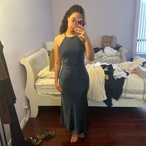 Navy Blue Satin Halter Dress